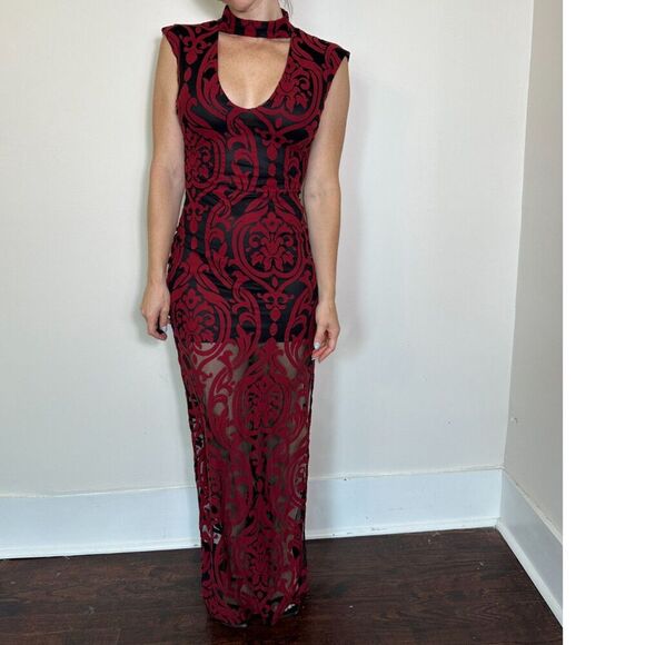 Vintage Whimsigoth Black Red Lace Partially Sheer Maxi Dress Size Small - Picture 2 of 6